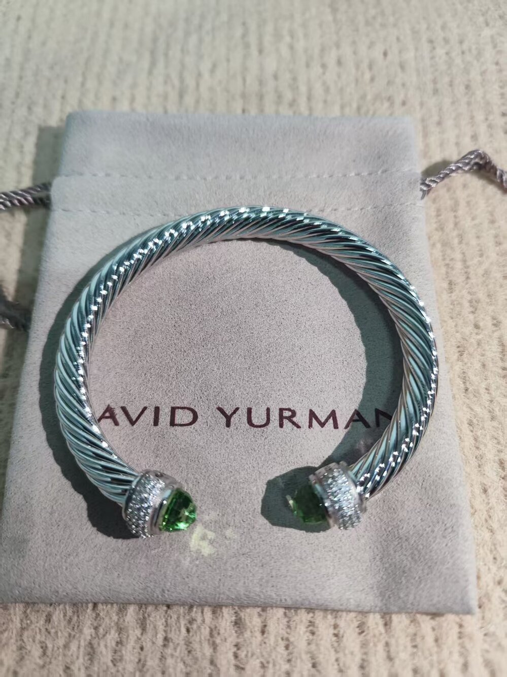 David Yurman Cable Classics Cuff Bracelet Silver Green Stone Diamond Detail